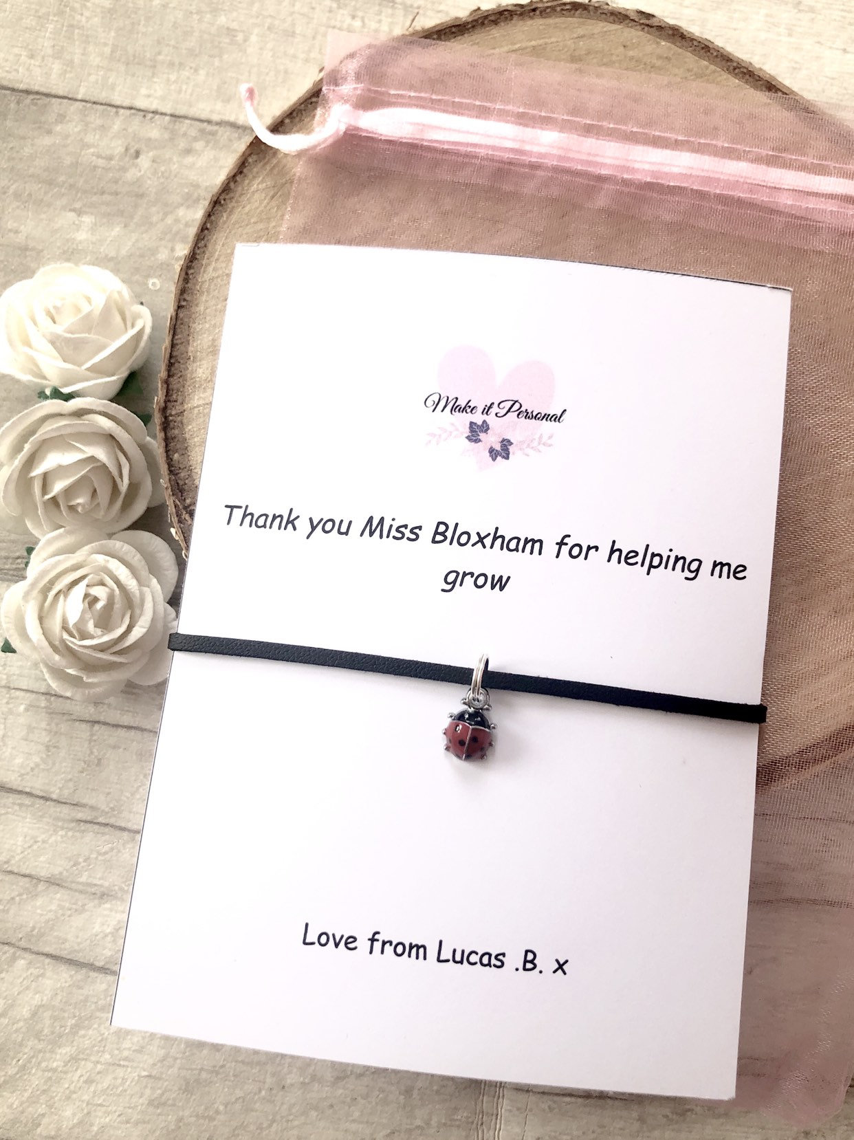 Thank you for helping me grow, teacher gifts, wish bracelet, childminder, personalized, nursery gift, teaching assistant gift, ladybird