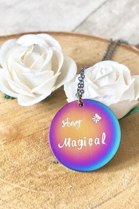 Stay Magical, Rainbow Dainty Necklace, Hand stamped Necklace, Rainbow Stainless Steel Necklace, Unicorn, Unique Gift, Unique Jewellery,